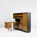 Kálmán Lengyel, Unique cabinet with adjustable desk, circa 1930, Birch-veneered wood, painted wood, nickel-plated brass, glass
