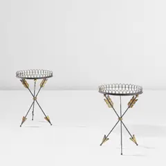 André Arbus, Pair of side tables, circa 1947, Painted and gilt wrought iron, mirrored glass