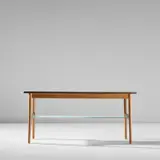 Rare coffee table by Finn Juhl, circa 1953, Walnut, oak, oak veneered-wood, acid-etched coloured glass, sold May 2024