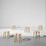 Antti Nurmesniemi, Set of six 'Sauna' stools, designed for the Palace Hotel, Helsinki, designed 1952, produced 1980s, Laminated-birch plywood, teak, birch