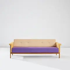 'Canada' sofa by Ettore Sottsass, circa 1959, Teak, fabric, sold May 2024