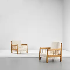 Egon Eiermann, Unique pair of armchairs, designed for Villa Vollberg, Berlin, circa 1941, Oak, fabric