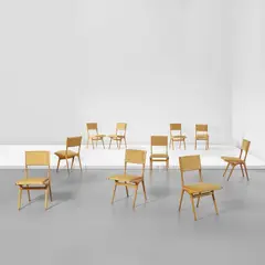 Set of ten chairs, model no. 634 by Carlo De Carli, circa 1951, Walnut, fabric, sold May 2024