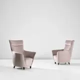 Pair of rare armchairs by Ico Parisi, circa 1952, Fabric, stained birch, offered May 2024
