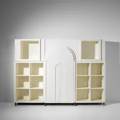 G.R.A.U., Custom cabinet with bookcase, circa 1967, Painted beech-veneered plywood, painted pine, painted brass, rubber