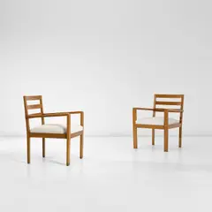 Piero Bottoni, Pair of custom armchairs, from Villa Davoli, Reggio Emilia, circa 1934, Oak, fabric