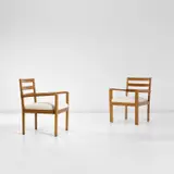 Piero Bottoni, Pair of custom armchairs, from Villa Davoli, Reggio Emilia, circa 1934, Oak, fabric