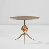 Rare coffee table, from Casa Kramer, Milan by Osvaldo Borsani and Lucio Fontana, circa 1950, Sapele mahogany, reverse painted glass, brass, gilded and painted wood, sold Nov 2024