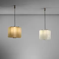 Venini, Two ceiling lights, designed for the Municipal Opera House, Florence, circa 1961, Opalino glass, coloured glass, brass, fabric cord