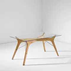 Carlo Graffi, Unique dining table, circa 1951, Oak, birch-veneered plywood, glass, brass