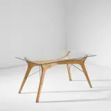 Carlo Graffi, Unique dining table, circa 1951, Oak, birch-veneered plywood, glass, brass