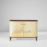 Bar cabinet by Osvaldo Borsani and Adriano Spilimbergo, circa 1952, Partially oil painted and gilded parchment, sapele mahogany, maple-veneered wood, maple, reverse-painted glass, brass, offered Nov 2024