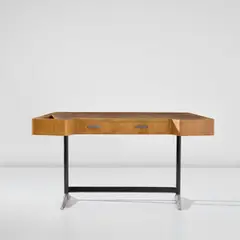 Unique desk by Gio Ponti, circa 1950, Burr walnut-veneered wood, walnut-veneered wood, painted steel, chrome-plated brass, steel, sold Nov 2024
