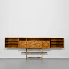 Pietro Lingeri, Custom illuminated wall-mounted bar cabinet, 1947, Burr walnut-veneered wood, walnut, glass, mirrored glass, brass