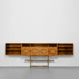 Pietro Lingeri, Custom illuminated wall-mounted bar cabinet, 1947, Burr walnut-veneered wood, walnut, glass, mirrored glass, brass