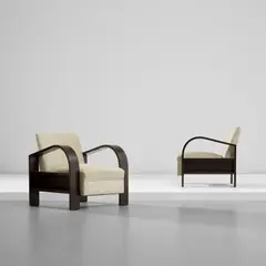 Piero Bottoni, Pair of adjustable armchairs, circa 1933, Birch-veneered wood, fabric