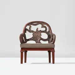 Seizo Sugawara, Rare armchair, circa 1915, Lacquered wood, carved and lacquered wood with gold and silver leaf, fabric