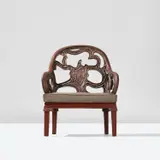 Seizo Sugawara, Rare armchair, circa 1915, Lacquered wood, carved and lacquered wood with gold and silver leaf, fabric
