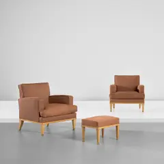 Jacques Quinet, Pair of armchairs and ottoman, circa 1948, Sycamore, fabric, brass