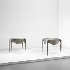 André Dubreuil, Pair of 'Paris' tables, circa 1988, Bent, welded and torch-decorated steel