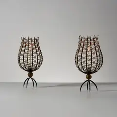 André Dubreuil, Pair of 'Perles' candleholders, 1990s, Patinated and gilded iron, glass