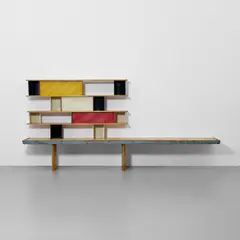 Charlotte Perriand, 'Tunisie' bookcase, designed for the student rooms of La Maison de la Tunisie, Cité Internationale Universitaire, Paris, circa 1952, Pine, sapele mahogany, painted steel, painted diamond-point embossed aluminium