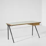 Jean Prouvé, 'Compas' desk, designed for Cité Universitaire, Antony, circa 1953, Plastic-laminated wood, beech, oak-veneered wood, painted steel