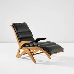 José Zanine Caldas, Lounge armchair, designed circa 1950, produced early 1990s, Veneered plywood, cedar, leather, rope, nickel-plated steel