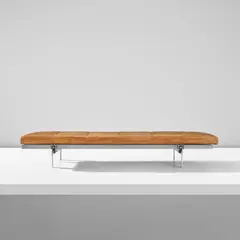Daybed, model no. PK 80 by Poul Kjærholm, circa 1957, Leather, chrome-plated steel, painted wood, patinated brass, rubber, sold Nov 2024