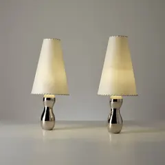Pair of 'Three Graces' table lamps by Elizabeth Garouste and Mattia Bonetti, circa 1999, Silver-plated bronze, vellum and suede shade, sold Nov 2024