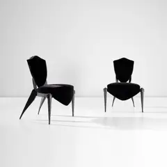 Pair of 'Trévise' chairs by André Dubreuil, circa 1988, Painted aluminum, painted steel, mohair, sold Nov 2024