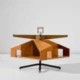 Ico Parisi, Side table with rotating shelves, circa 1958, Teak, teak-veneered wood, glass, painted steel, nickel-plated brass, steel, brass