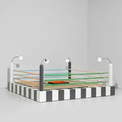 'Tawaraya' ring by Masanori Umeda, circa 1981, Plastic laminate-covered wood, lacquered wood, painted wood, chrome-plated steel, tatami mat, fabric, glass, sold Nov 2024
