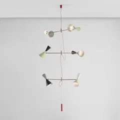 Stilnovo, Rare adjustable ceiling light, 1950s, Painted aluminium, brass, painted steel, fabric cord, wire