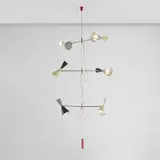 Stilnovo, Rare adjustable ceiling light, 1950s, Painted aluminium, brass, painted steel, fabric cord, wire