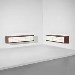 Two rare wall-mounted sideboards by Osvaldo Borsani, circa 1955, Sapele mahogany-veneered wood, sapele mahogany, coloured glass, painted wood, brass, sold Nov 2024