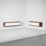 Osvaldo Borsani, Two rare wall-mounted sideboards, circa 1955, Sapele mahogany-veneered wood, sapele mahogany, coloured glass, painted wood, brass