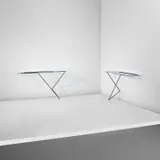 Giovanni Ferrabini, Pair of console tables, circa 1957, Painted iron, glass