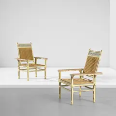 Ernesto Basile, Pair of adjustable armchairs, from the 'Carretto Siciliano' series, circa 1906, Painted wood, oak, rush, painted steel