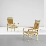 Ernesto Basile, Pair of adjustable armchairs, from the 'Carretto Siciliano' series, circa 1906, Painted wood, oak, rush, painted steel