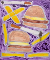 Katherine Bernhardt, Hamburgers French Fries and Cigarettes, 2014, acrylic and spray paint on canvas
