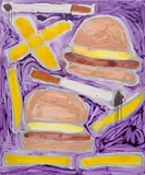 Katherine Bernhardt, Hamburgers French Fries and Cigarettes, 2014, acrylic and spray paint on canvas