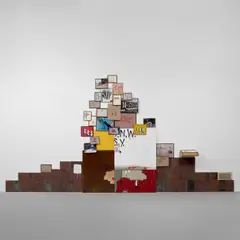 Barry McGee, Untitled, 2001, 41 metal plates, 6 framed photographs, 18 framed drawings, 2 wood panels, graphite on paper on a wooden shelf, 1 bottle and 13 pieces of broken glass