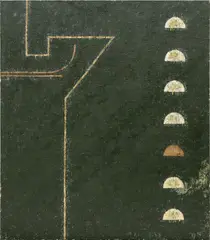 László Mulasics, Kepzeletbeli Ejszaka, 1988, oil, wax and glitter on canvas mounted on panel
