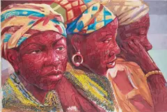 Dipo Girls by Amoako Boafo, 2012, oil, plastic and thread collage on fabric, sold Apr 2024