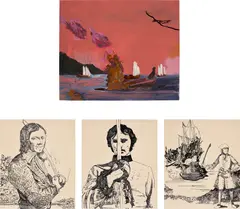 Whitney Bedford, Four works: (i) Sunset Sinking ; (ii) L’Olonais ; (iii) Crush ; (iv) The Fancy, 2003, (i) ink, spray paint and oil on panel (ii), (iii), (iv) ink and spray paint on panel