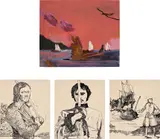 Whitney Bedford, Four works: (i) Sunset Sinking ; (ii) L’Olonais ; (iii) Crush ; (iv) The Fancy, 2003, (i) ink, spray paint and oil on panel (ii), (iii), (iv) ink and spray paint on panel