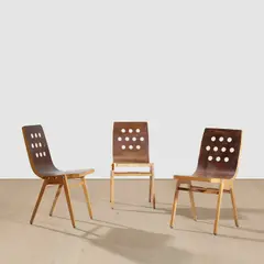 Roland Rainer, Three stackable chairs, beech, stained beech plywood and steel