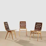Roland Rainer, Three stackable chairs, beech, stained beech plywood and steel
