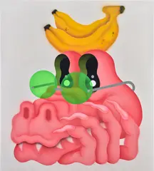 Fátima de Juan, Banana Baywatch, 2022, acrylic and spray paint on canvas, in artist's frame